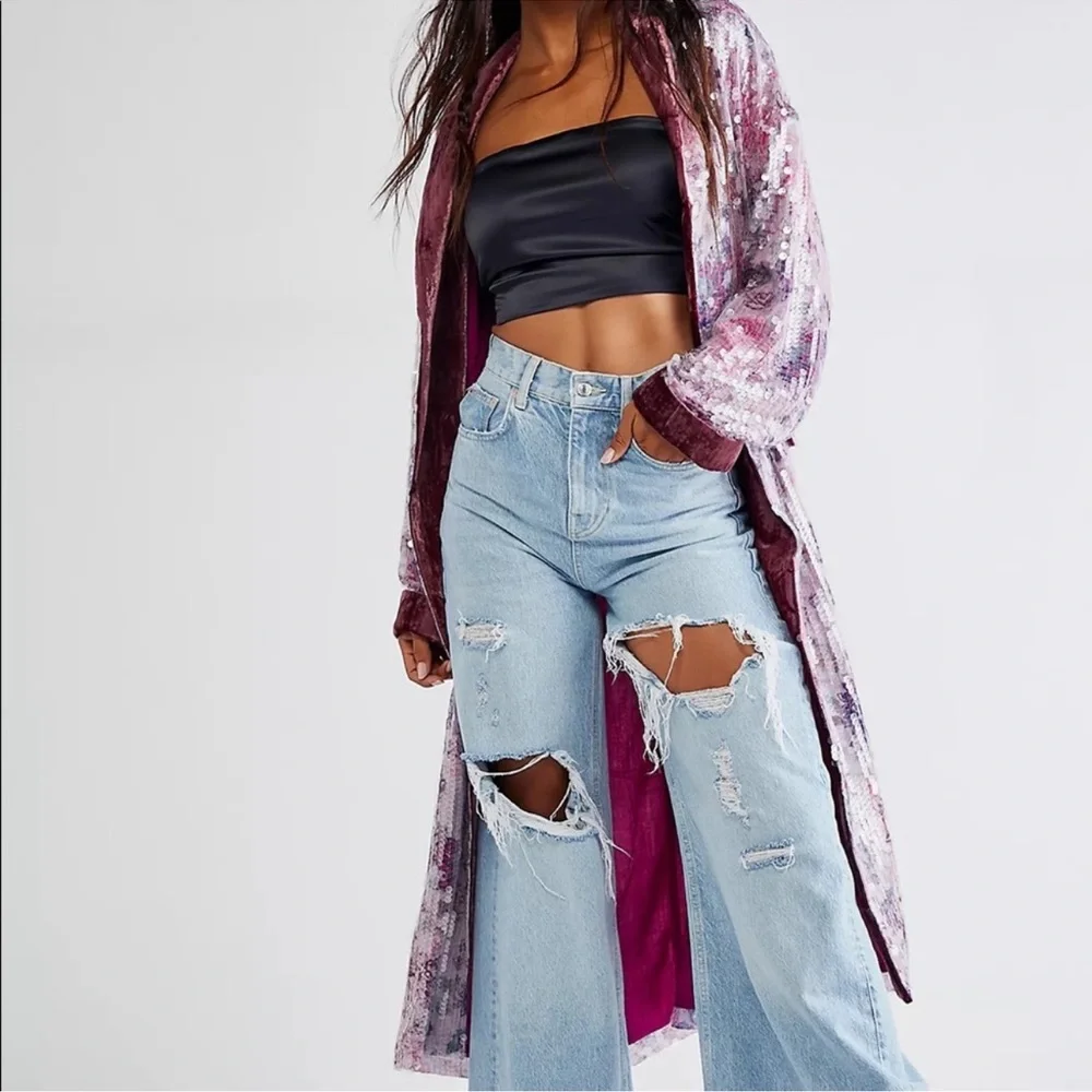 Free People Kealey Kimono Sequin in Pink Combo